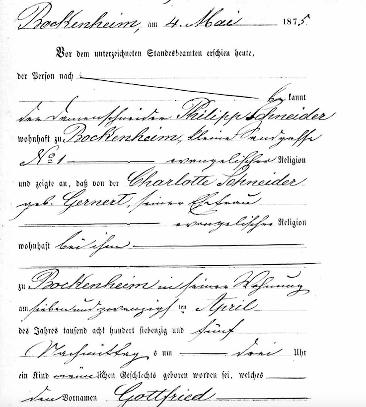 G. Schneider Birth Record